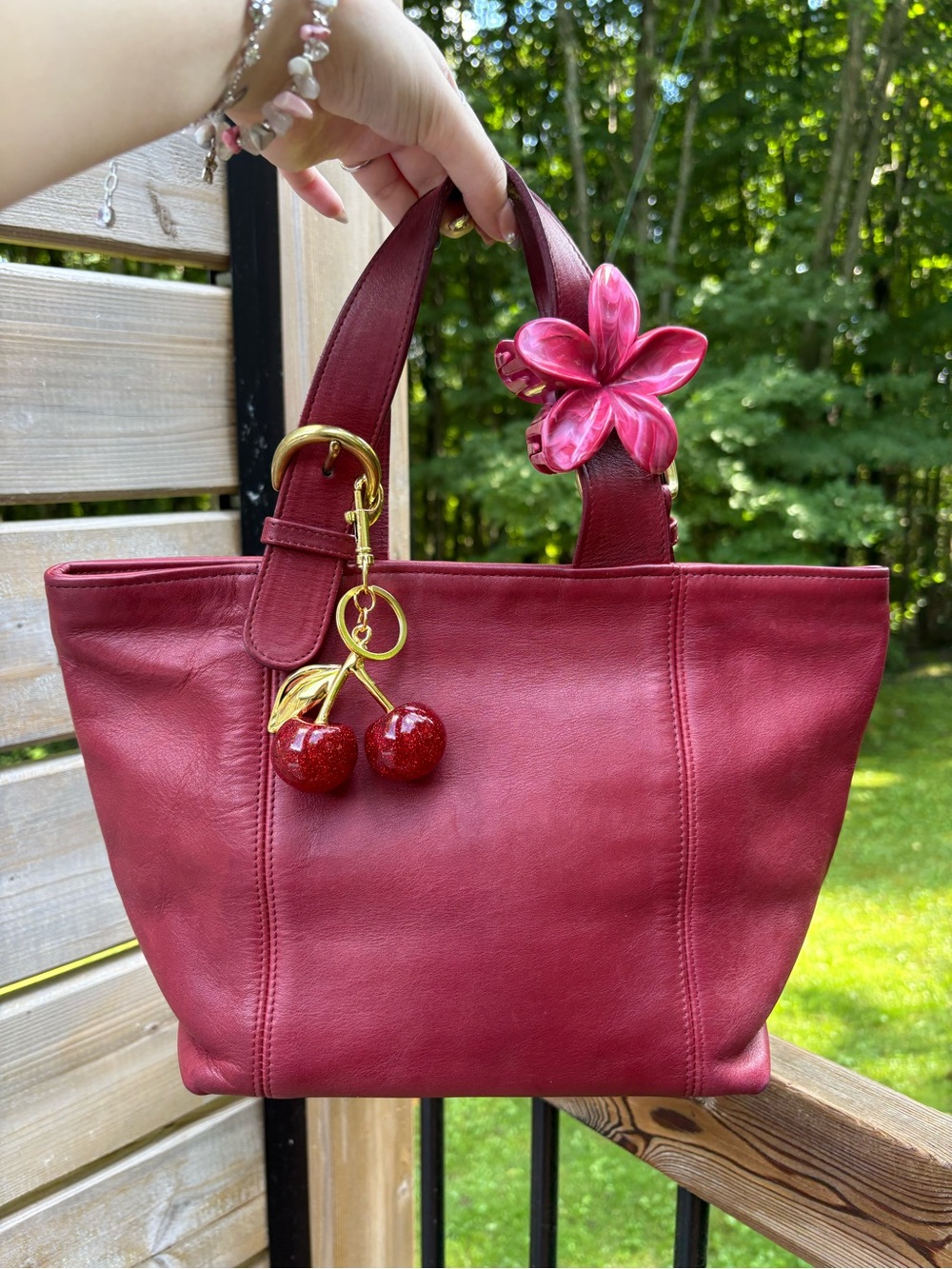 Coach Burgundy Leather Mini Tote with Gold Cherry Charm & Pink Flower Clip